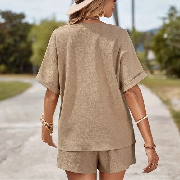 Women's Solid Color Loose Fit Casual 2-Piece Set Conjunto Short Summer - Picture 3 of 6